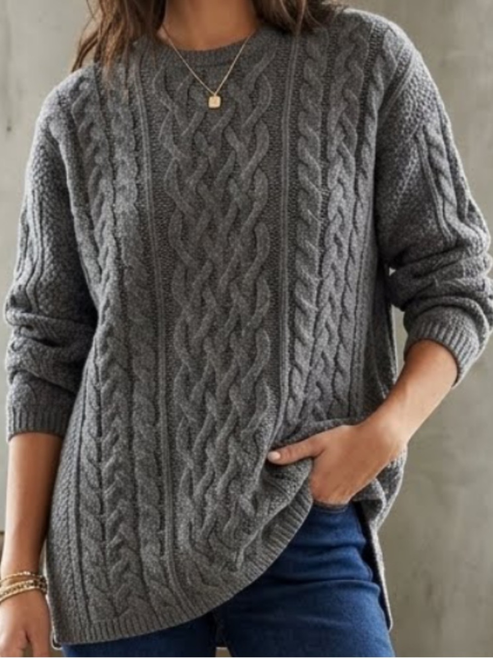 Aran Crafts Luxury Wool Cashmere Gray Cable Knit Fisherman Sweater Size Medium M